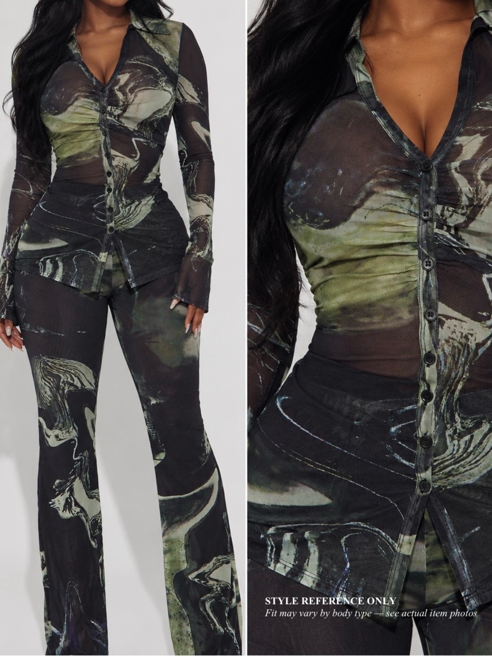 Fashion Nova Sheer Marble-Print Flare Pants